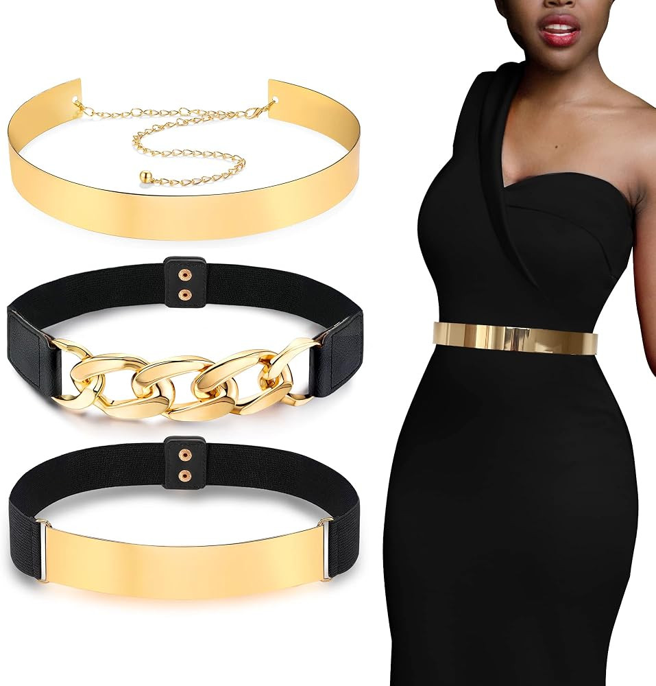 3 Pieces Gold Metal Belt for Women Elastic Metal Waist Strap Stretch Belt for Women Gold Belt Adj... | Amazon (US)