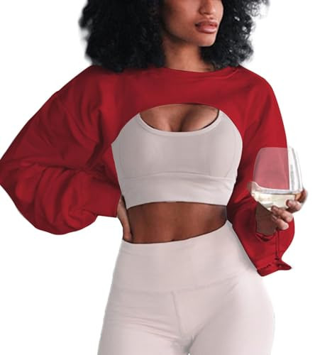 Hilinker Womens Cropped Crewneck Sweatshirt Long Sleeve Crop Top Casual Loose Workout Gym Red Small | Amazon (US)