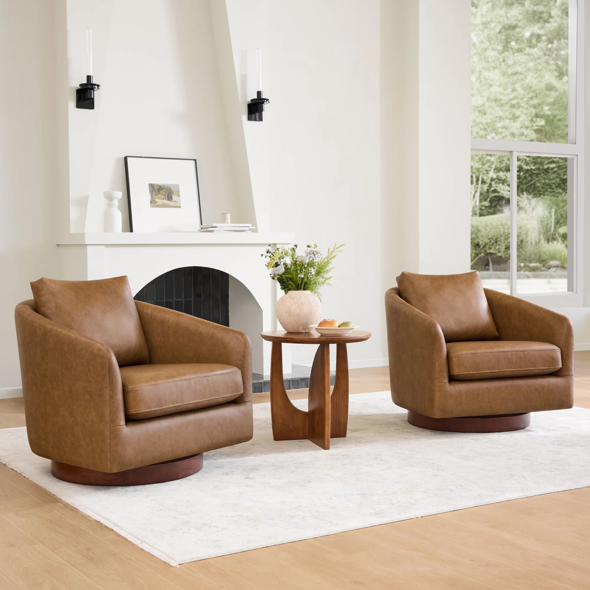 Genuine Leather Swivel Accent Chair with Solid Wood Base | Wayfair North America