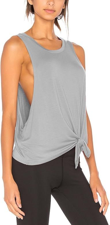 Womens Crop Top Workout Shirts Yoga Clothes Sexy Workout Tank Tops Tie Knot Athletic Gym Shirts f... | Amazon (US)