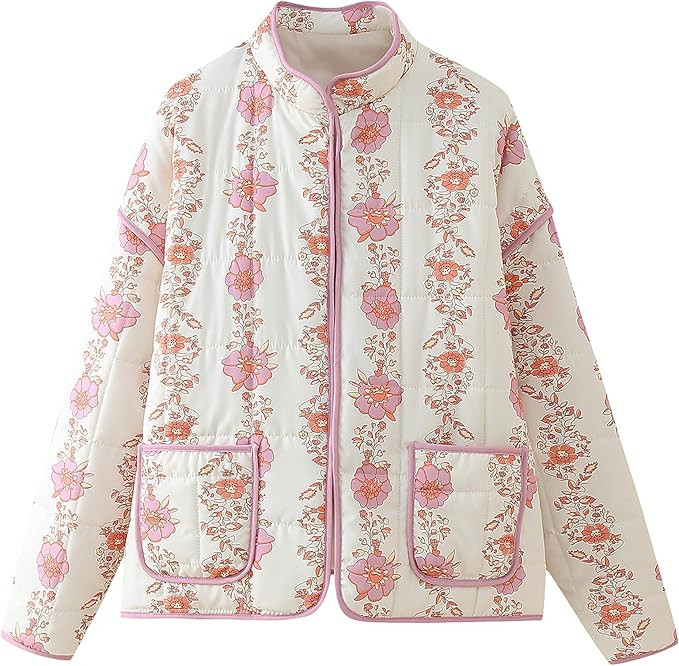 Women's Cropped Puffer Quilted Jacket Cardigan Floral Printed Lightweight Long Sleeve Open Front ... | Amazon (US)