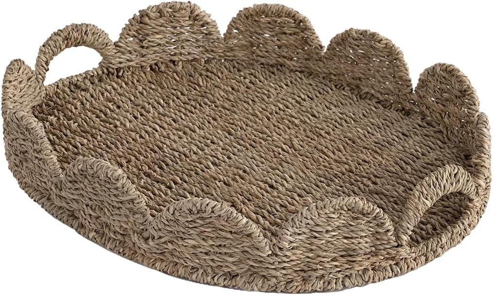 StorageWorks Scalloped Edge Wicker Serving Tray, Woven Rattan Table Trays with Handle, Wicker Tra... | Amazon (US)