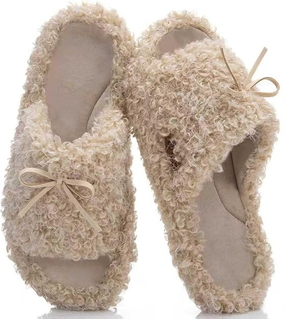 Women's Fuzzy Open-toe Bowknot & Double-Strap Slippers, Memory Foam Non-Slip Indoor House Slides | Amazon (US)