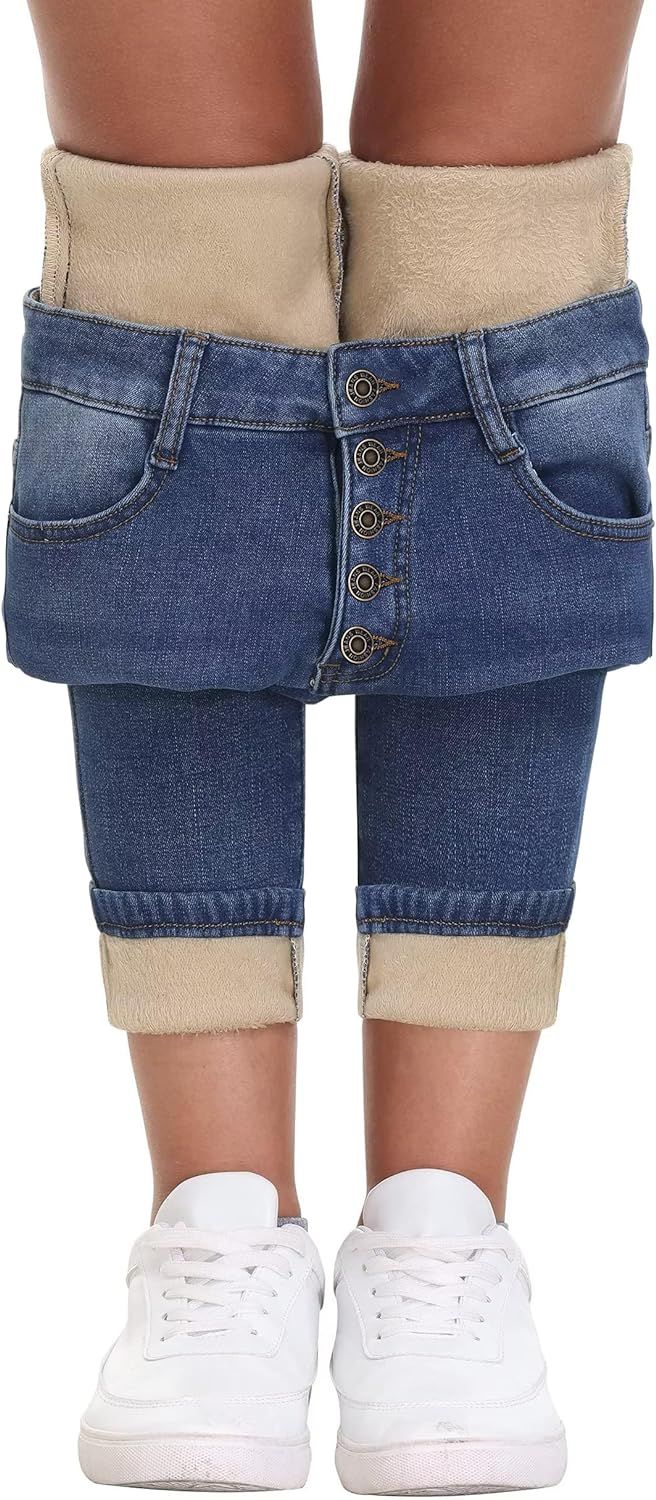 KDF Womens Fleece Lined Jeans Thermal Flannel Winter Jeans Warm Denim Fleece Lined Pants Jeans | Amazon (US)