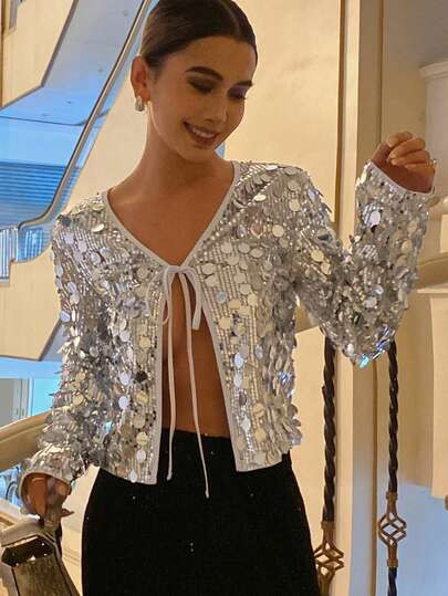 Livesso Shiny Sequin Silver Cardigan Shirt, Fashion Party Tie-Up Crop Top For Women, Suitable For... | SHEIN