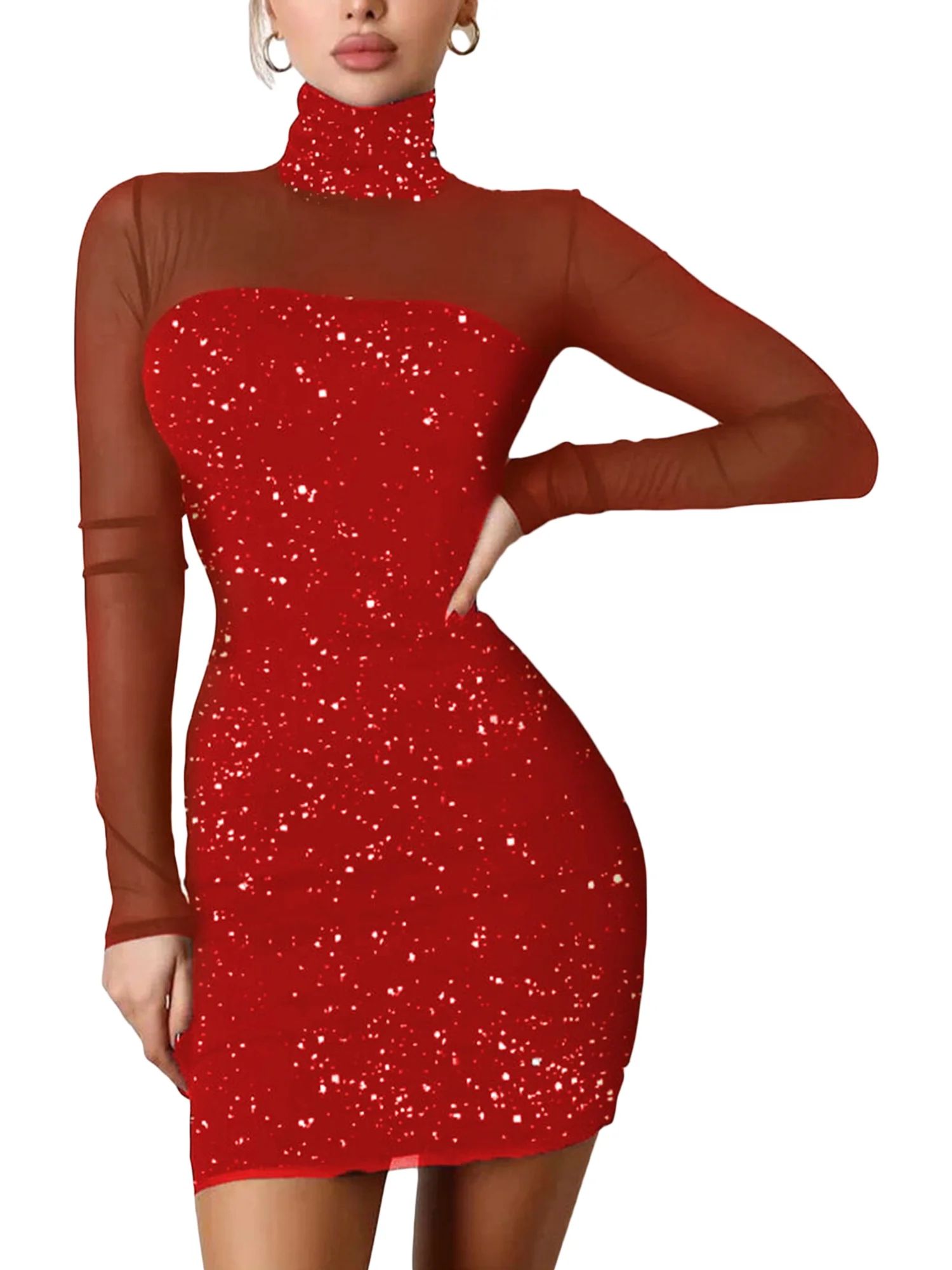 wsevypo Women Shiny Glitter Bodycon Dress Mesh Up Patchwork Turtleneck Long Sleeve Elegant Dresse... | Walmart (US)