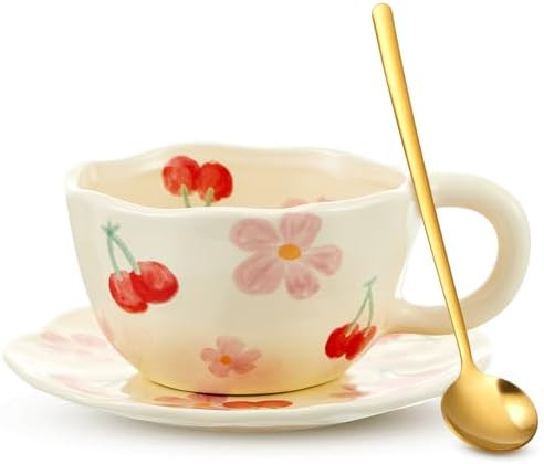 Vesici 1 Set Ceramic Coffee Mug with Saucer Spoon 8.5 oz Christmas Floral Aesthetic Vintage Cup w... | Amazon (US)