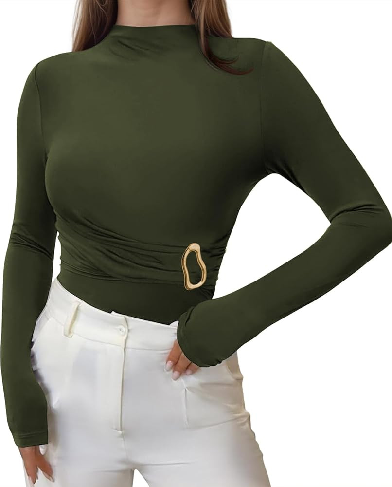 Pink Queen Women's 2025 Fall Long Sleeve Shirts Mock Neck Button Decor Ruched Slim Fit Going Out ... | Amazon (US)