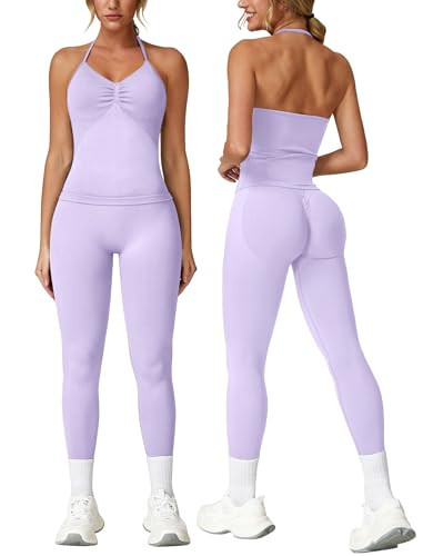 ABOCIW Womens Workout Sets Seamless Longline Strappy Top Halter Sports Bra High Waist Scrunch Butt Impact Leggings 2 Piece Gym Set Purple Small | Amazon (US)