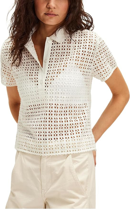 Faleave Women's Summer Casual Eyelet Short Sleeve Cotton Shirts Hollow Out Button Down Blouses Li... | Amazon (US)