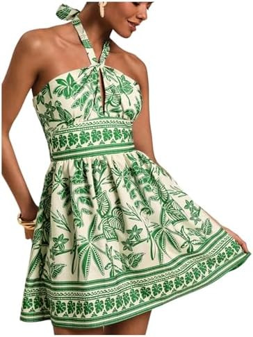 Floerns Women's Floral Print Sleeveless Halter Neck Tie Back Summer A Line Dress | Amazon (US)
