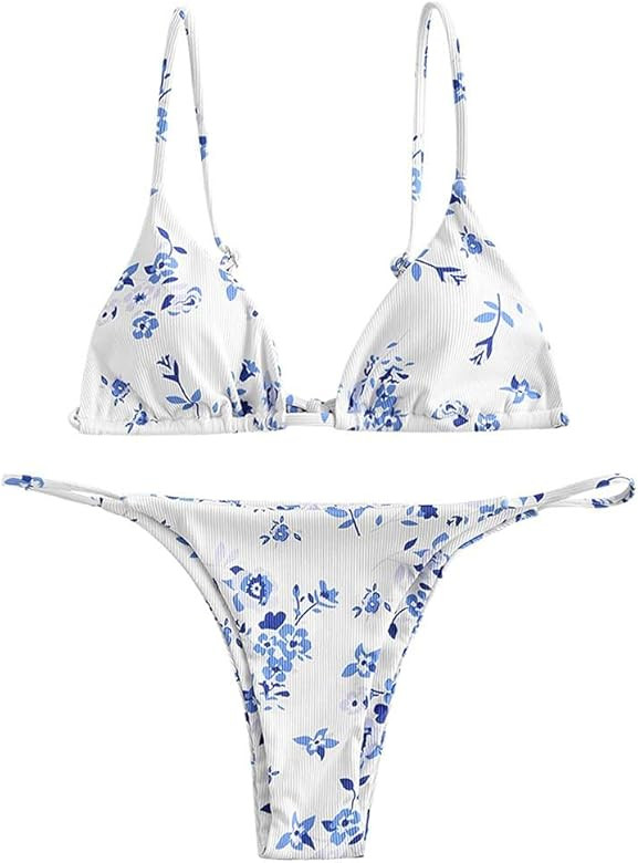 ZAFUL Women's Ditsy Floral Printed Swimsuit Underwired Knotted String Triangle Bikini High Cut Ch... | Amazon (US)