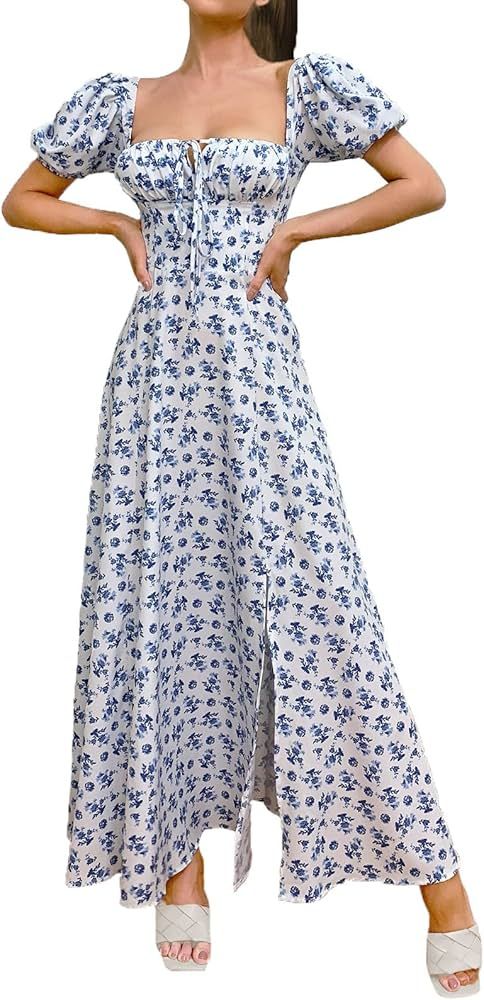 Women's Puff Sleeve Floral Maxi Dress Square Neck Cottagecore Boho Backless Beach Party Cute Long... | Amazon (US)