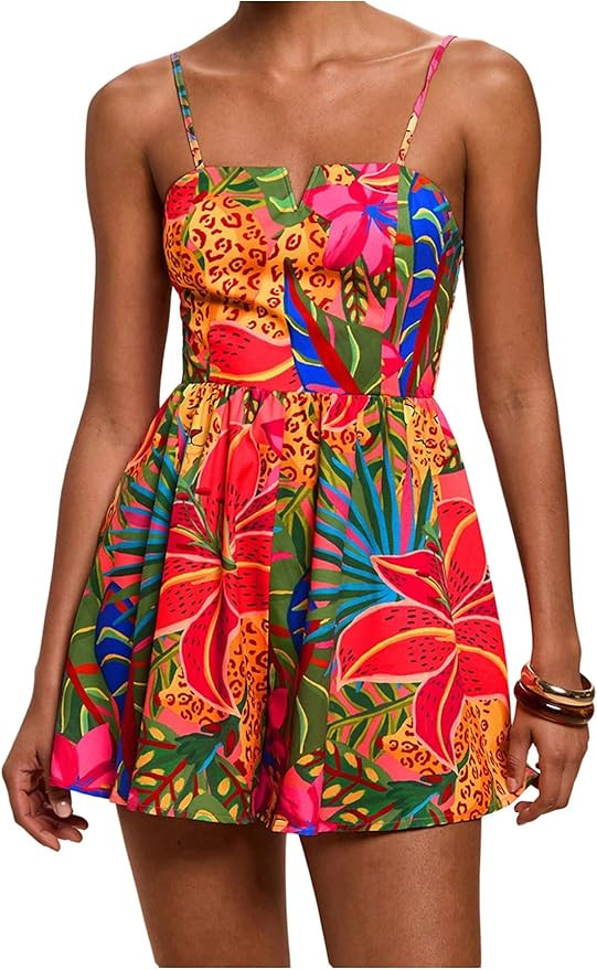 Floerns Women's Summer Rompers Tropical Spaghetti Strap Smocked Beach Vacation One Piece Jumpsuit | Amazon (US)