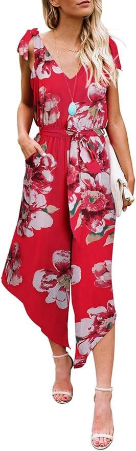 BELONGSCI Women Outfit Sleeveless Shoulder Bandage Waistband Sexy V-Neck Wide Leg Long Jumpsuit w... | Amazon (US)