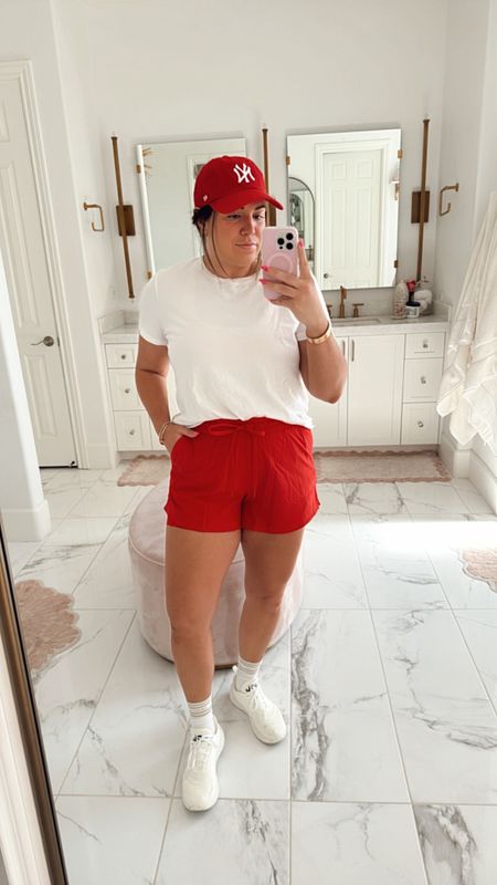 curvy athleisure saturday soccer mom look! wearing size xl in white tee and size large in lined red shorts 

#LTKActive #LTKFitness #LTKMidsize