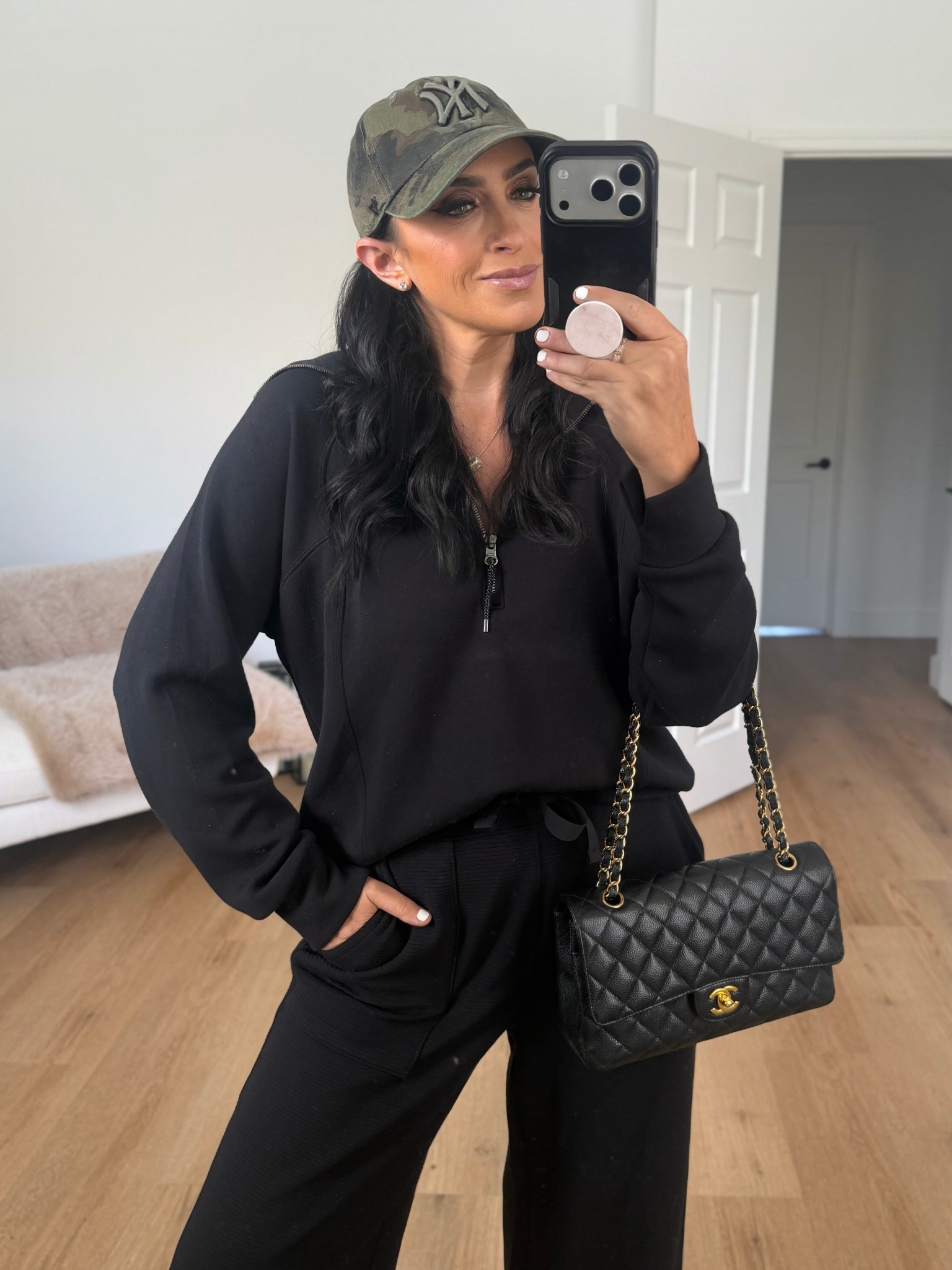 Spanx Air Essentials Half Zip - I’m wearing a size medium.
Spanx Air Essentials French Rib wide leg pants - I’m wearing a size small.