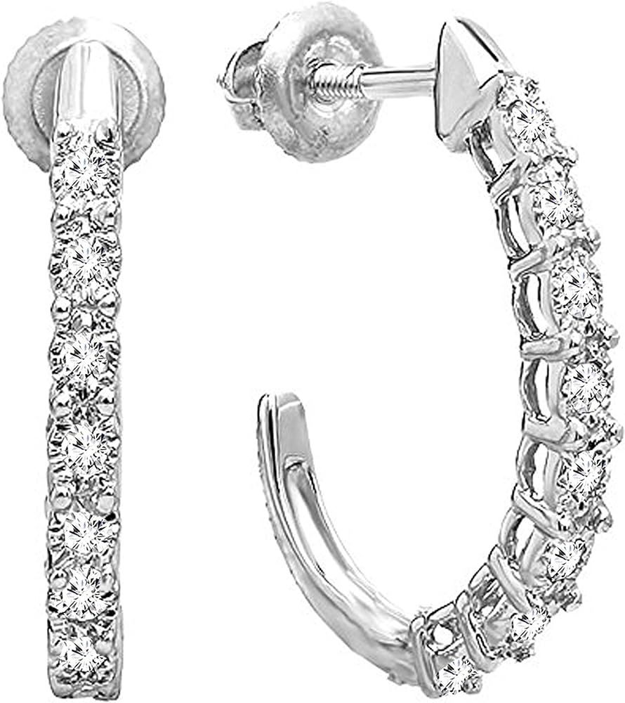 0.15 Carat (ctw) Round White Diamonds Ladies J Shaped Hoop Earrings, Available in 10K/14K/18K Gol... | Amazon (US)