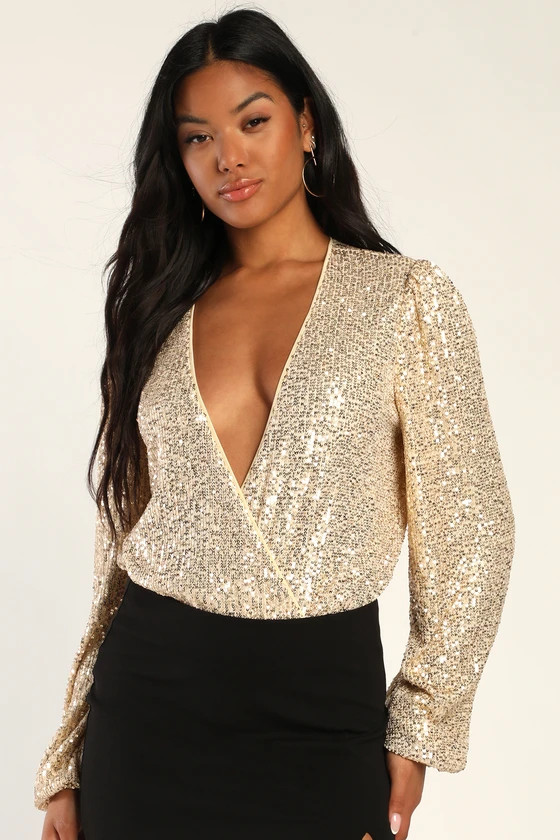 Never Ending Glam Champagne Sequin Surplice Bodysuit | Lulus (US)