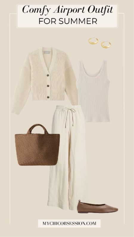 Lightweight, airy, and super chic, this outfit features a gorgeous pair of high-waisted linen pants for an elevated foundation. On top, this nude tank top pairs beautifully with the trousers, making for an almost monochrome look when paired with a cream cardigan. Accessorize with flats, gold hoops and a woven tote.

#LTKstyletip #LTKSeasonal #LTKtravel