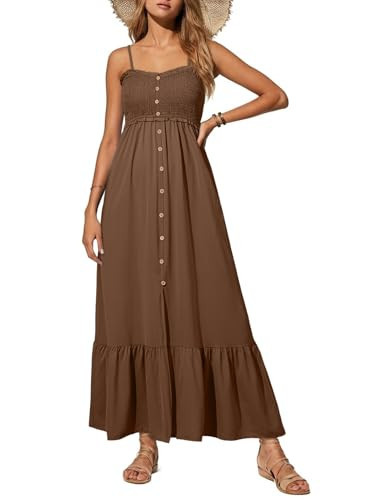Dokotoo Womens Summer Dresses 2025 Boho Button Front Elastic Smocked Sexy Spaghetti Straps Casual Elegant Flowy A Line Long Maxi Sun Dress Beach Vacation Clothes for Women Sundresses Brown Small | Amazon (US)