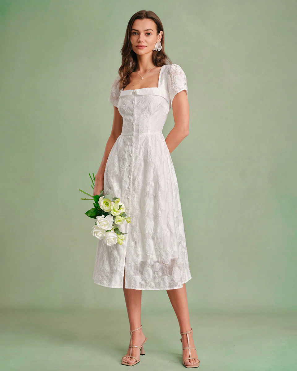 White Square Neck X Cross Midi Dress | rihoas.com