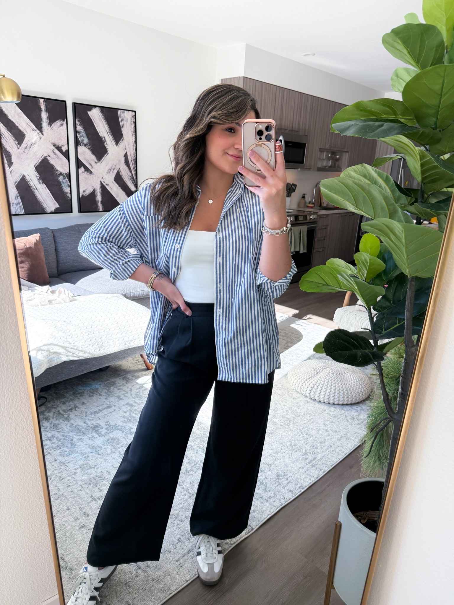 casual spring day outfit | casual chic style | effortless style | spring outfit ideas | capsule wardrobe | adidas sambas

Button down: XS 
Tank: S 
Trousers: 28P 

#LTKPetite #LTKxMadewell #LTKFindsUnder100