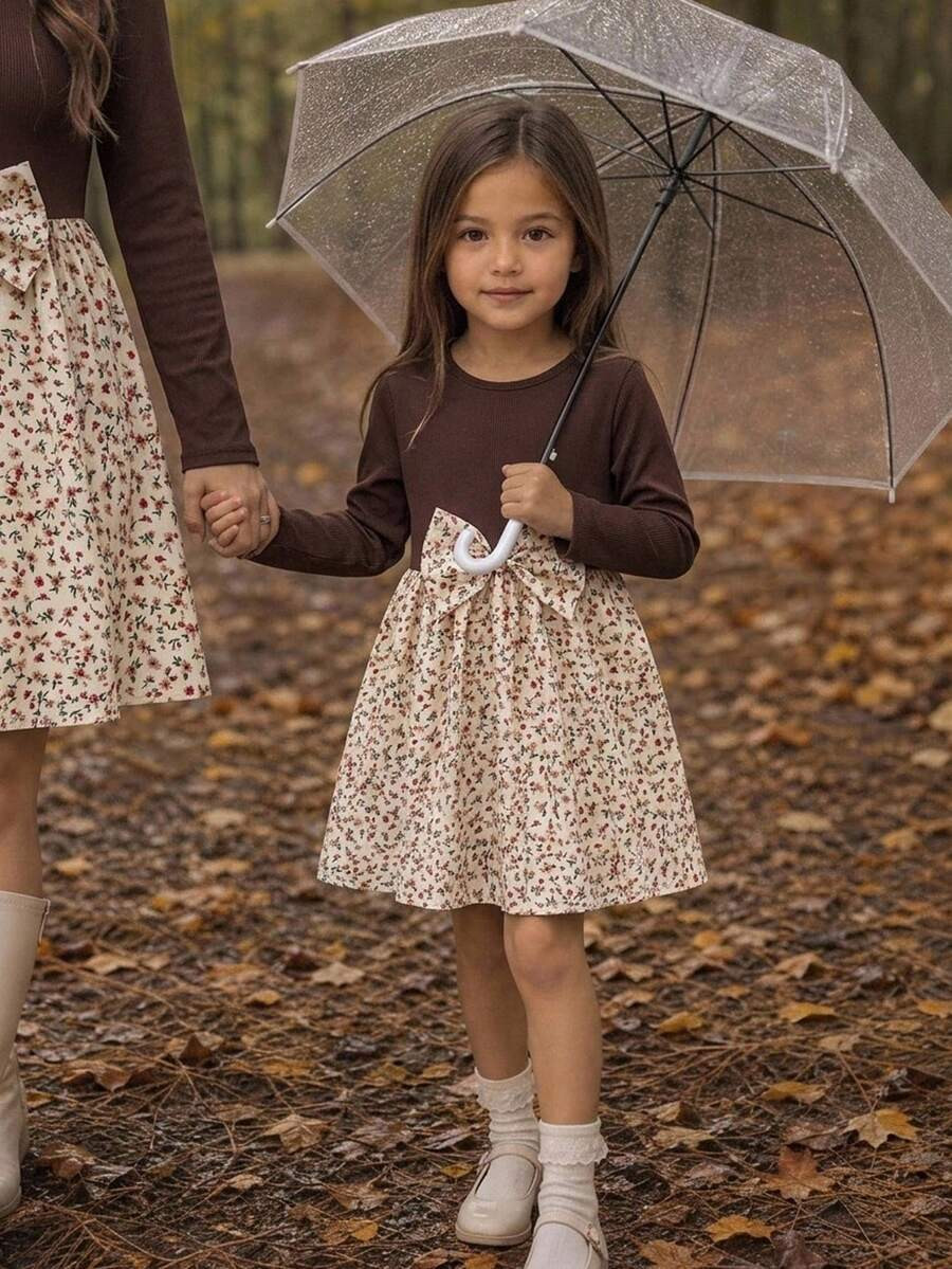 Emery Rose Kids Emery Rose Kids Young Girl Cute Girls Spring Autumn Patchwork Dress, Vintage Brown Ribbed Top With Large Bow And Ditsy Floral Skirt, Long Sleeve Princess Dress | SHEIN