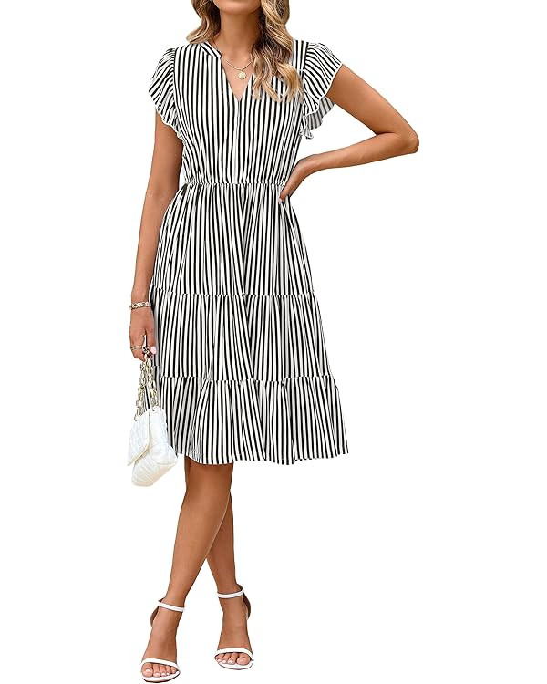 Glamaker Floral Tiered Midi Sundress Casual Summer V Neck Flutter Sleeve Striped Sun Dress with P... | Amazon (US)