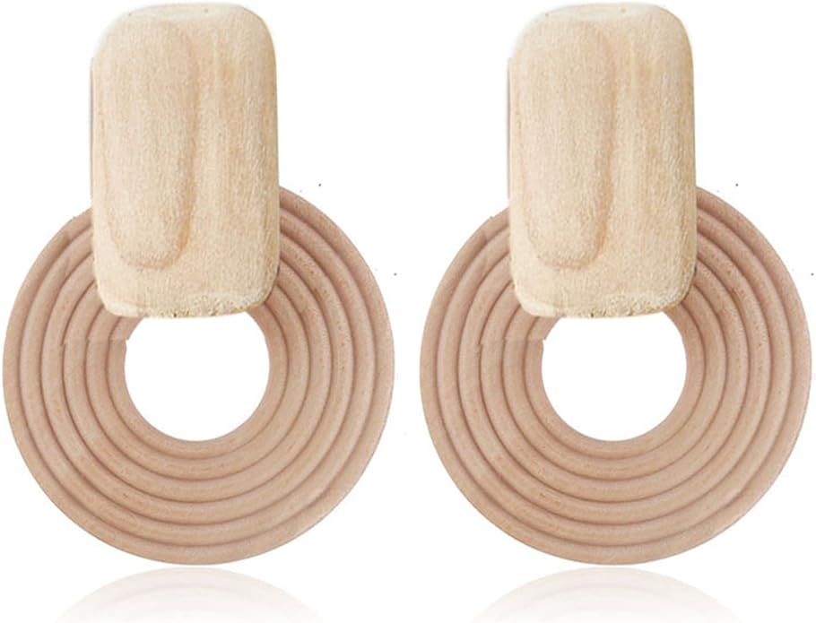 Handmade Natural Wood Earrings Lightweight Minimalist Retro Earring Boho Natural Wood Hollow Roun... | Amazon (US)