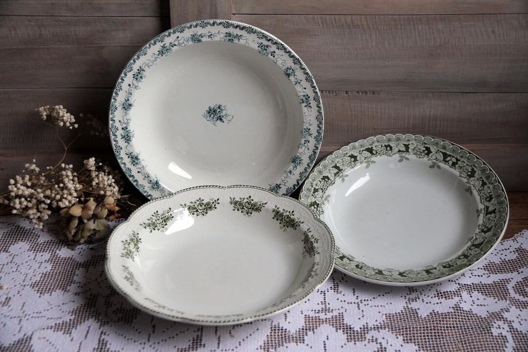 Choose ONE Antique French Green Transferware Deep Serving Platter. Shallow Serving Bowl Green Cot... | Etsy (US)