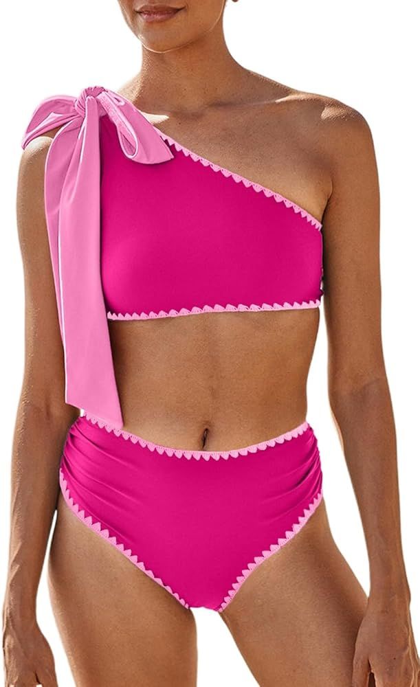 Herseas Womens Bikini Sets 2 Piece One Bow-Shoulder Swimsuit Ruched Bathing Suit | Amazon (US)