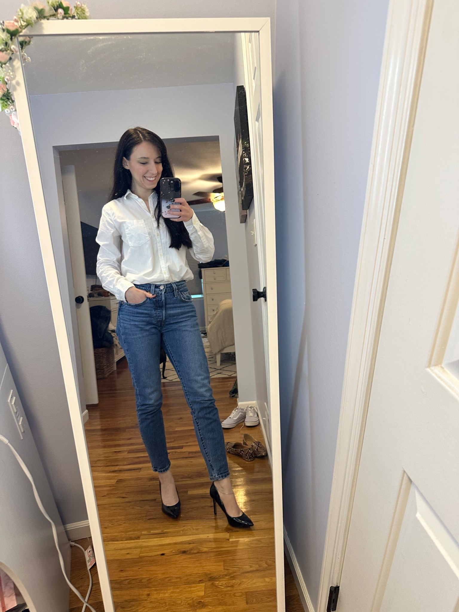 White button down size XS
Jeans size 24
Black heels 6.5

Summer outfit, work, workwear, minimalist millennial 

#LTKStyleTip #LTKFindsUnder100 #LTKSeasonal