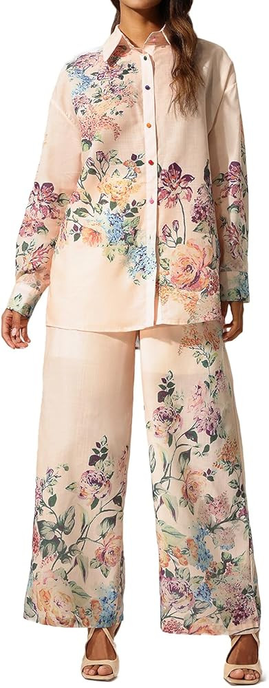 Floral Print Long Sleeve Top And Pants Two Piece Set for Casual Wear Relaxed Fit Straight Leg Pan... | Amazon (US)