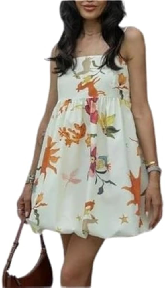 Women Summer Sleeveless Mini Dress Smocked Neck Spaghetti Strap Rib Poplin Balloon Dress Bubble D... | Amazon (US)