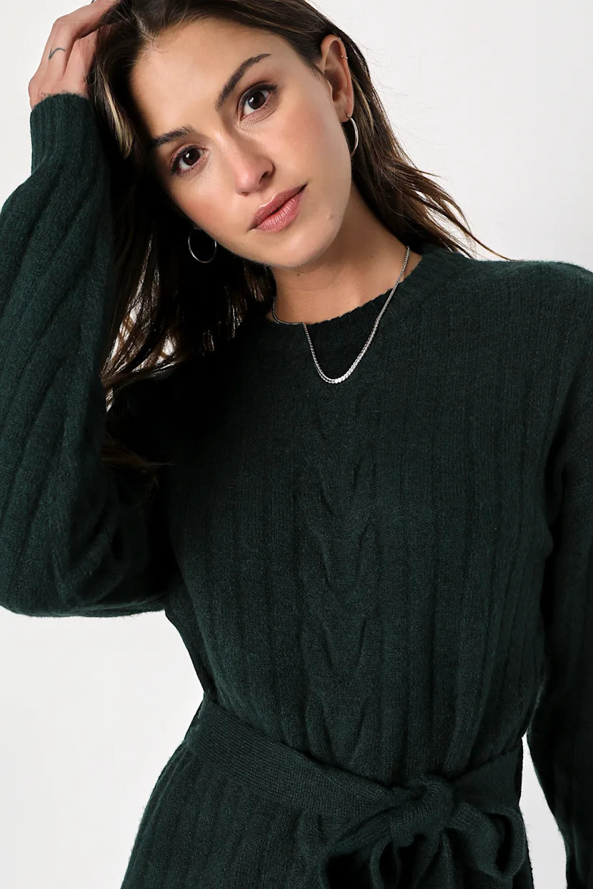 Wishing on Winter Emerald Green Cable Knit Mini Sweater Dress | Lulus