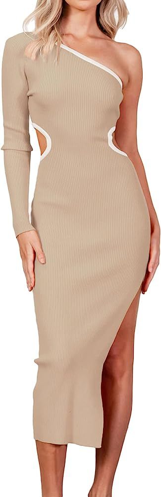 OPOIPIN Women's One Shoulder Cut Out Long Sleeve Ribbed Knit Split Bodycon Midi Dress | Amazon (US)