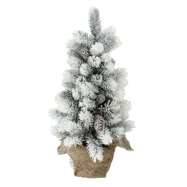 19" Flocked Mini Pine Christmas Tree with Berries in Burlap Covered Vase | Bed Bath & Beyond