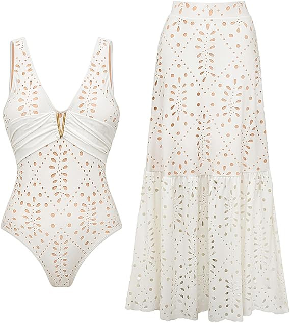FLAXMAKER Solid One Piece V Neck Laser Cutting Flower Swimsuit and Skirt | Amazon (US)