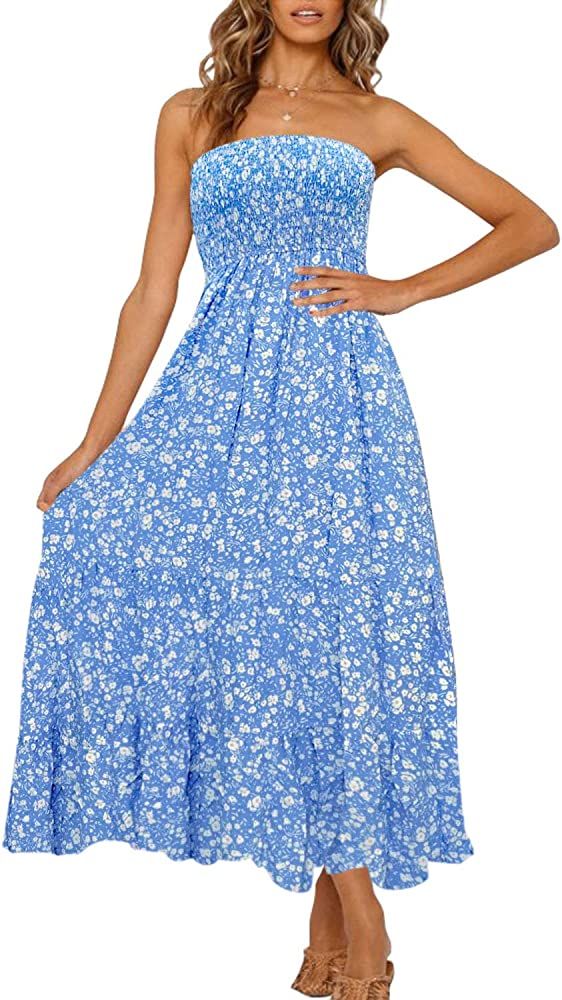 ZESICA Women's Summer Bohemian Floral Printed Strapless Beach Party Long Maxi Dress,Blue,Large at... | Amazon (US)