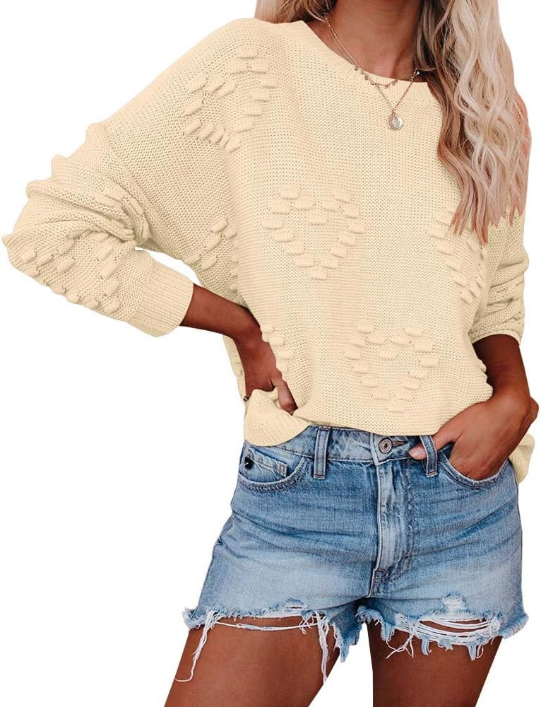 Tutorutor Womens Cute Heart Love Print Sweater Tops Oversized Crew Neck Dot Ball Loose Knitted Sprin | Amazon (US)