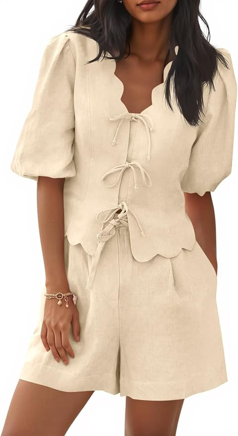 Cicy Bell Womens Summer 2 Piece Short Sets Puff Short Sleeve V Neck Bow Tie Front Tops Wide Leg S... | Amazon (US)