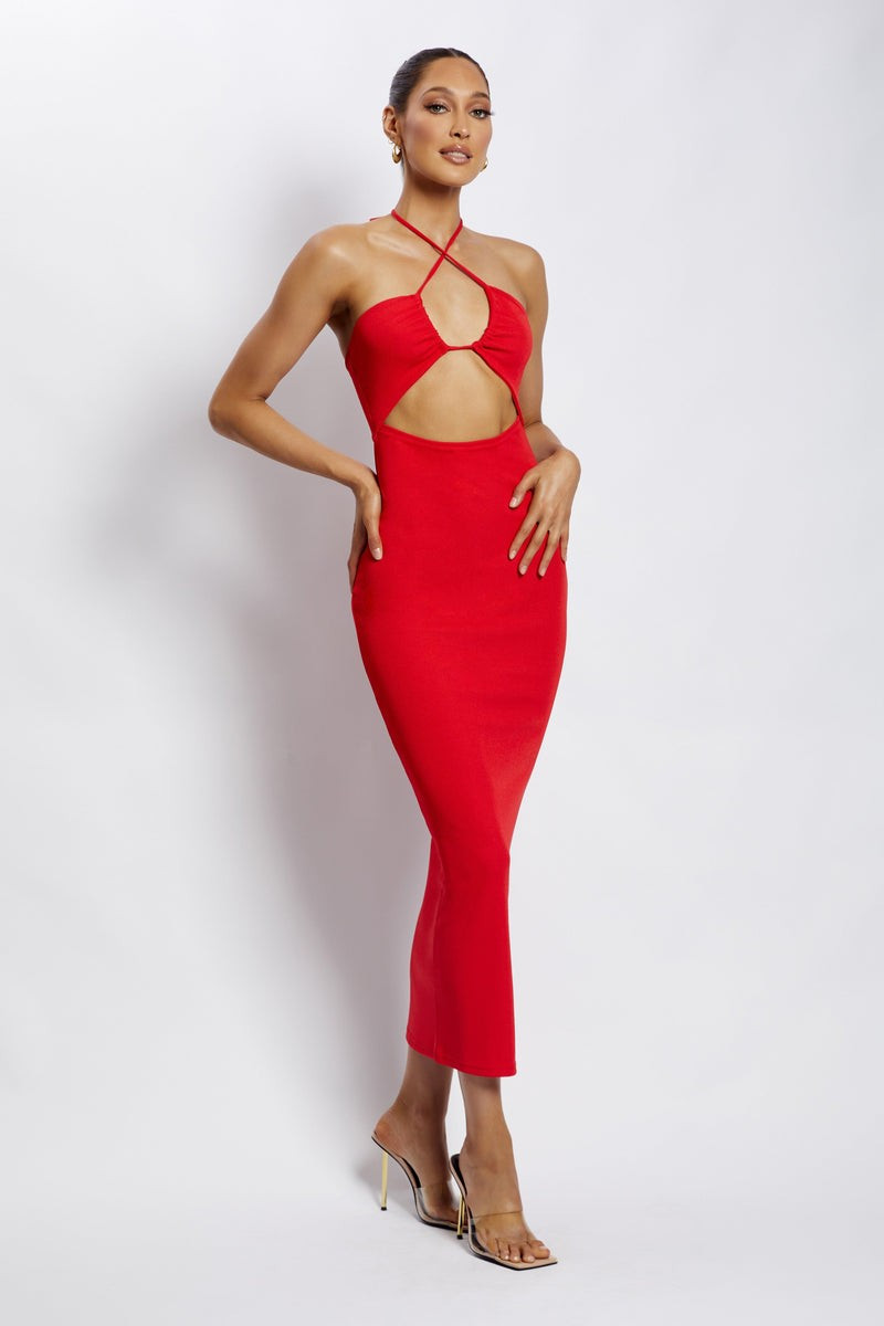Maddie Ribbed Drawstring Midi Dress - Red | MESHKI US