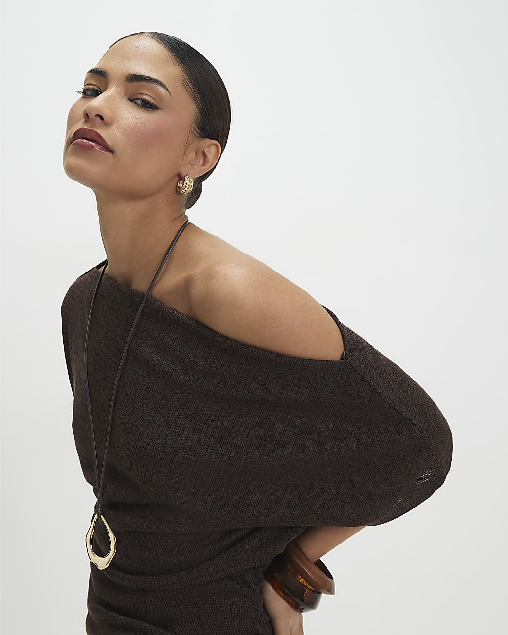 Petite Brown Banded Hem Drape Top | River Island UK & IE