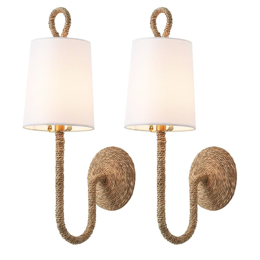 Natural Rattan Wall Sconce Set of 2, with Boho Woven Wicker and Creamy-White Fabric Shade for Van... | Amazon (US)