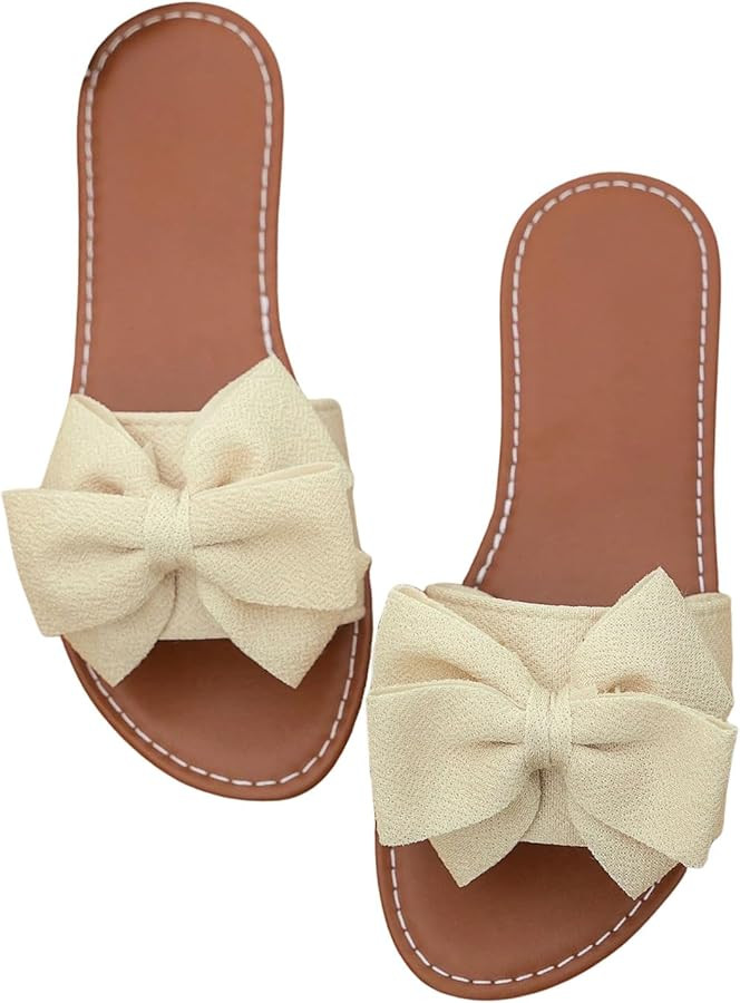 Women's Bow Flat Sandals Dressy Slide Sandals Open Toe Summer Beach Flat Shoes Slippers Slip on S... | Amazon (US)