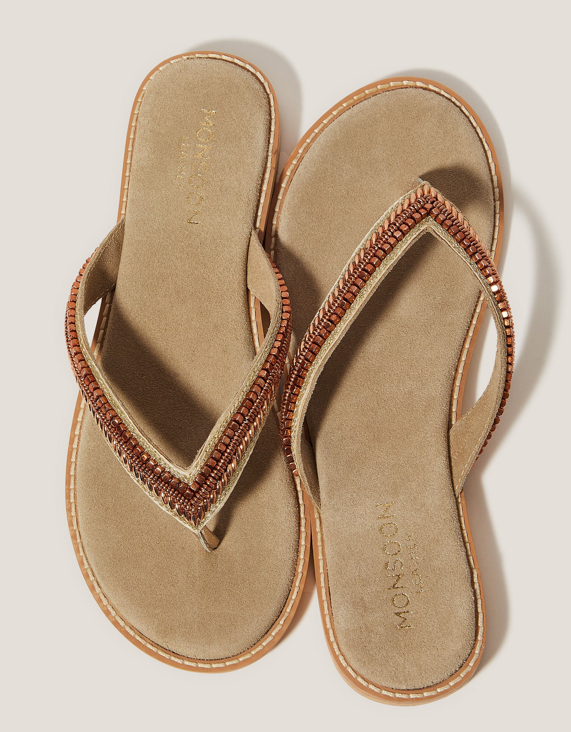 Sia Beaded Leather Flip Flop Sandals Bronze | Monsoon (UK)