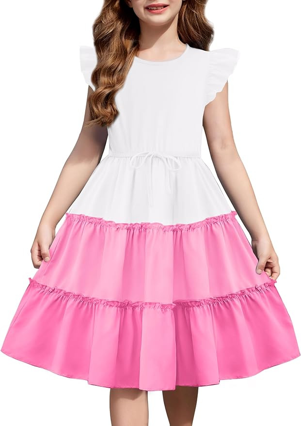 Arshiner Girl's Summer Dress Ruffle Sleeve Tiered Casual Party Dresses with Pockets 5-12 Years | Amazon (US)