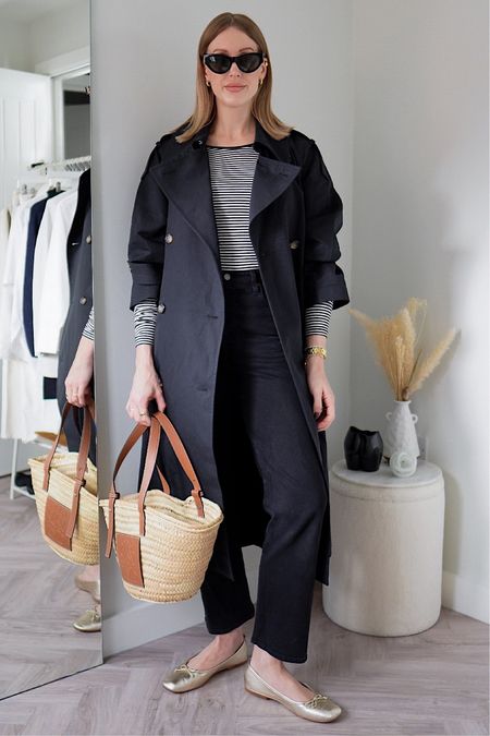 Black trench coat outfit - Parisian stripes inspired with a pop or metallic for the new season with gold ballet pumps! #trenchcoat #parisian 

#LTKstyletip #LTKSeasonal #LTKFind