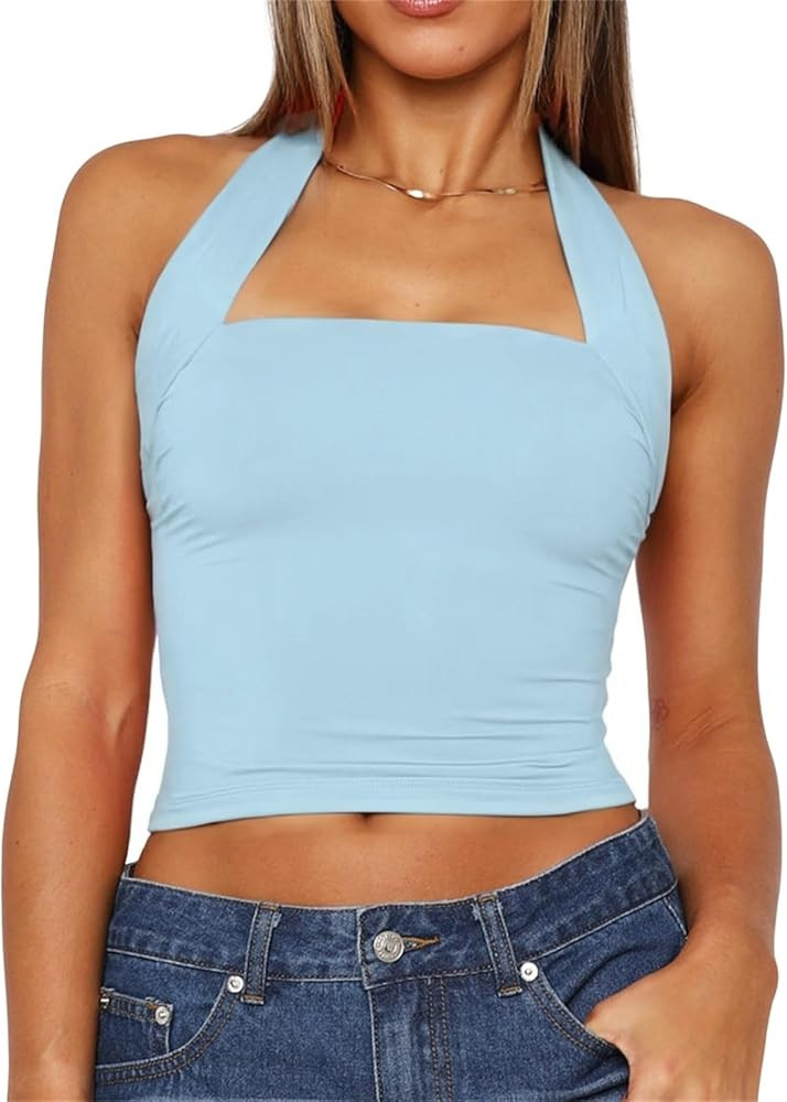 Women Sexy Halter Neck Backless Tank Top Open Back Sleeveless Slim Fit Y2k Summer Tops | Amazon (US)